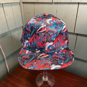 Akademiks Fitted Hat Shark Mouth Fighter‎ Jet Graphic Streetwear Cap Red Blue